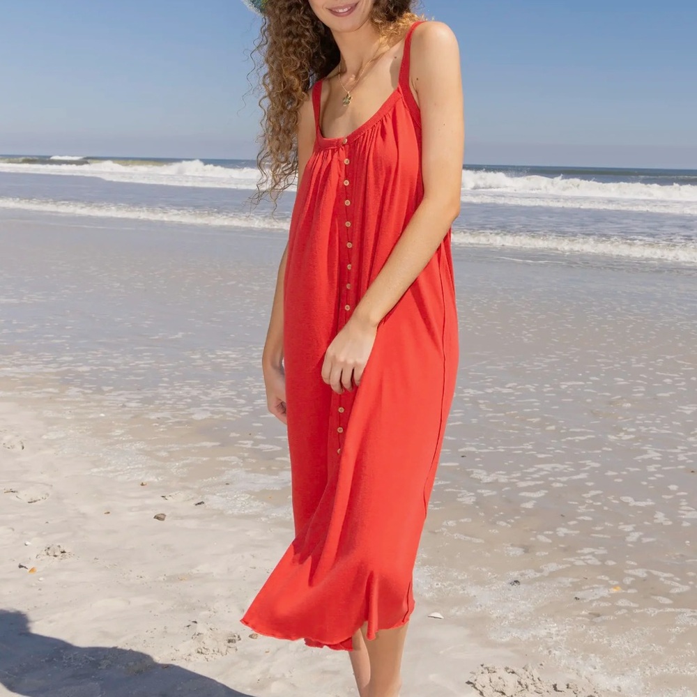 Relaxed Button Down MIDI Dress -  Red